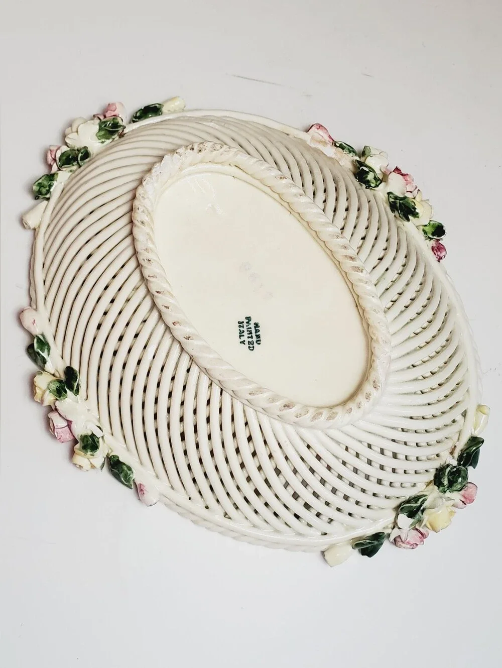 Vintage Italian Ceramic Floral Lattice Cottagecore Basket